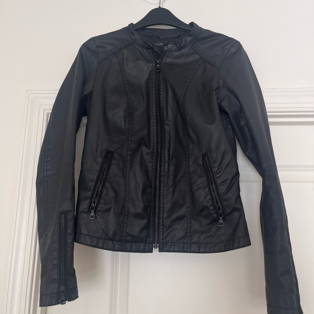 Coated Cloth Faux Leather Jacket with 2 zip pockets and zippers on sleeve